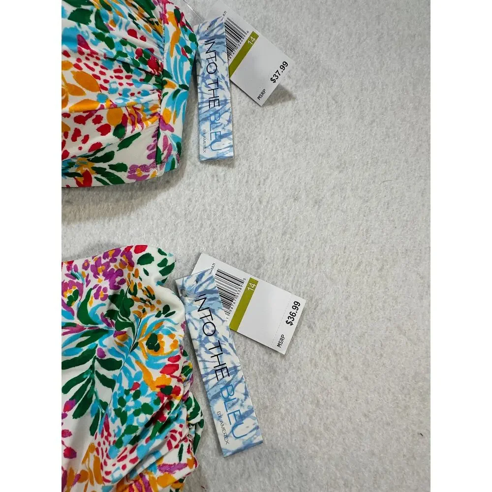 Into the Bleu Floral High Waisted Bikini Set Size 14 NWT Colorful Swim